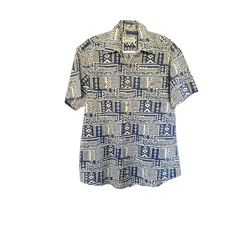 Orvis Mens Button Shirt Aztec Pattern Short Sleeve Pockets Sz L